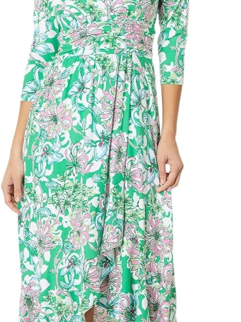 Lilly Pulitzer Green Pink Floral Long Sleeve Midi Dress